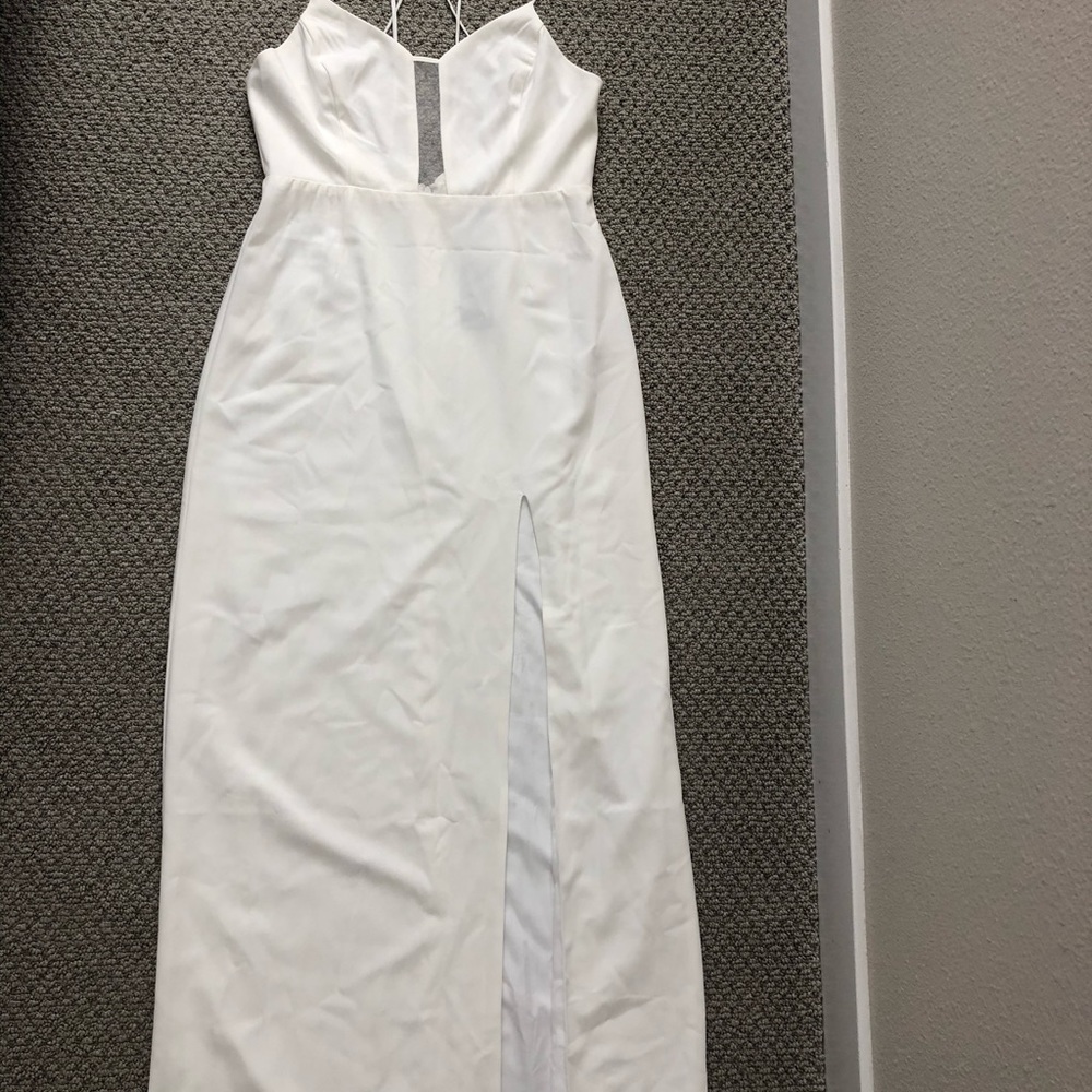 White long cocktail dress with deep-V mesh detail